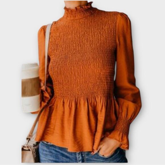 Etophe Studios High Neck Smocked Peplum Top in Rust Women’s Size S - Picture 1 of 8